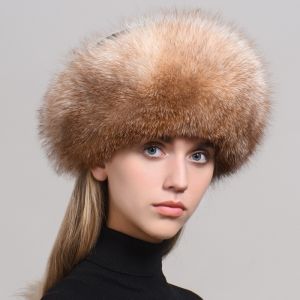 Зимна дамска шапка с естествен дълъг косъм лисица и естествена кожа