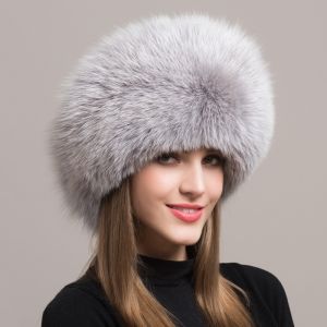 Зимна дамска шапка с естествен дълъг косъм лисица и естествена кожа