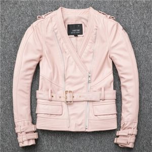 Дамско светло розово късо кожено яке естествена агнешка кожа