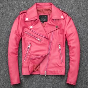Дамско късо розово кожено яке естествена агнешка кожа