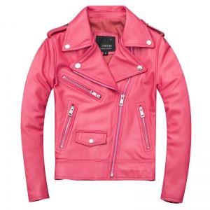 Дамско късо розово кожено яке естествена агнешка кожа