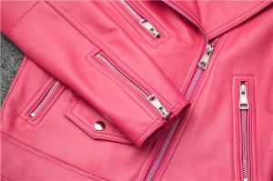 Дамско късо розово кожено яке естествена агнешка кожа