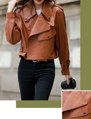 Дамско късо кожено яке естествена агнешка кожа