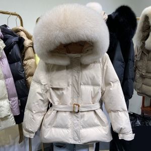Дамско яке с колан с гъши пух и качулка с яка естествен косъм лисица, НАЛИЧНО L размер