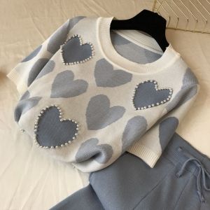 Модни дамски комплекти от фино плетиво с къс ръкав СЪРЦА С ПЕРЛ, НАЛИЧЕН син цвят