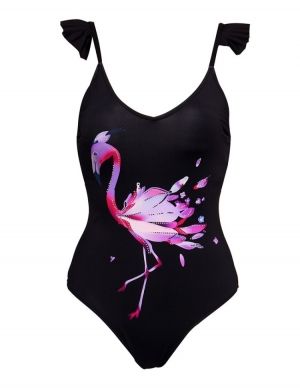 Цял бански в бяло с фламинго