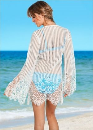 Секси дантелена къса плажна туника с дълъг ръкав