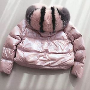Късо зимно лъскаво дамско яке с гъши пух и яка естествена лисица