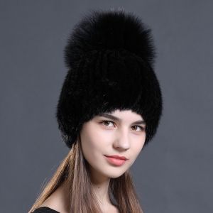 Зимна дамска шапка цялата от естествен  косъм норка с топка лисица