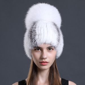 Зимна дамска шапка цялата от естествен  косъм норка с топка лисица