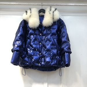 Дамско зимно яке лъскаво с релефно лого и сваляща се яка лисица, НАЛИЧНО S, M размер