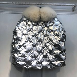 Дамско зимно яке лъскаво с релефно лого и сваляща се яка лисица, НАЛИЧНО S, M размер