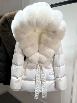 Луксозно яке от естествена сребърна лисица с качулка, голямо, 90% гъши пух, дебело и топло, водоустойчиво