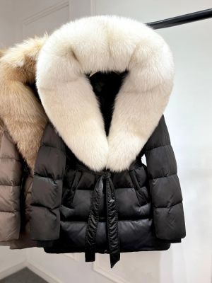Луксозно яке от естествена сребърна лисица с качулка, голямо, 90% гъши пух, дебело и топло, водоустойчиво