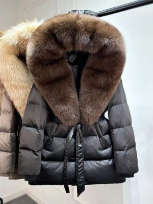 Луксозно яке от естествена сребърна лисица с качулка, голямо, 90% гъши пух, дебело и топло, водоустойчиво