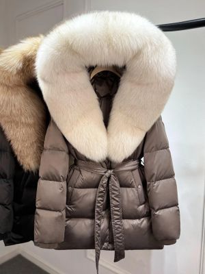 Луксозно яке от естествена сребърна лисица с качулка, голямо, 90% гъши пух, дебело и топло, водоустойчиво