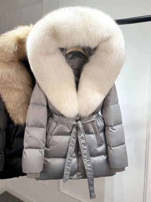 Луксозно яке от естествена сребърна лисица с качулка, голямо, 90% гъши пух, дебело и топло, водоустойчиво
