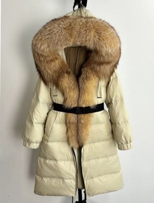 Зимно голямо палто - истинска сребърна лисица с яка и качулка, удебелено, топло, свободно с колан и патешки пух