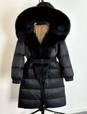 Зимно голямо палто - истинска сребърна лисица с яка и качулка, удебелено, топло, свободно с колан и патешки пух