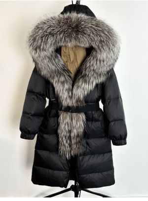 Зимно голямо палто - истинска сребърна лисица с яка и качулка, удебелено, топло, свободно с колан и патешки пух