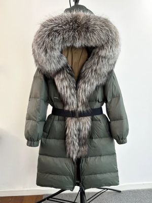 Зимно голямо палто - истинска сребърна лисица с яка и качулка, удебелено, топло, свободно с колан и патешки пух