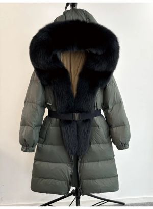 Зимно голямо палто - истинска сребърна лисица с яка и качулка, удебелено, топло, свободно с колан и патешки пух