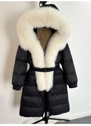 Зимно голямо палто - истинска сребърна лисица с яка и качулка, удебелено, топло, свободно с колан и патешки пух