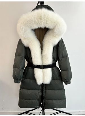 Зимно голямо палто - истинска сребърна лисица с яка и качулка, удебелено, топло, свободно с колан и патешки пух