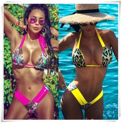 Жълт и розов бански с принт