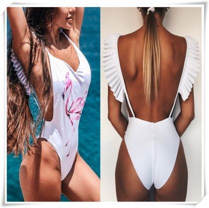 Цял бански в бяло с фламинго