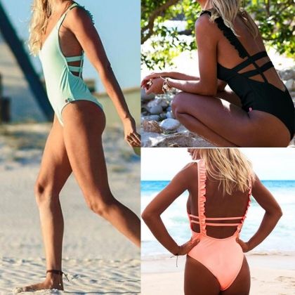 Моден цял бански с гол гръб, НАЛИЧЕН син, М размер